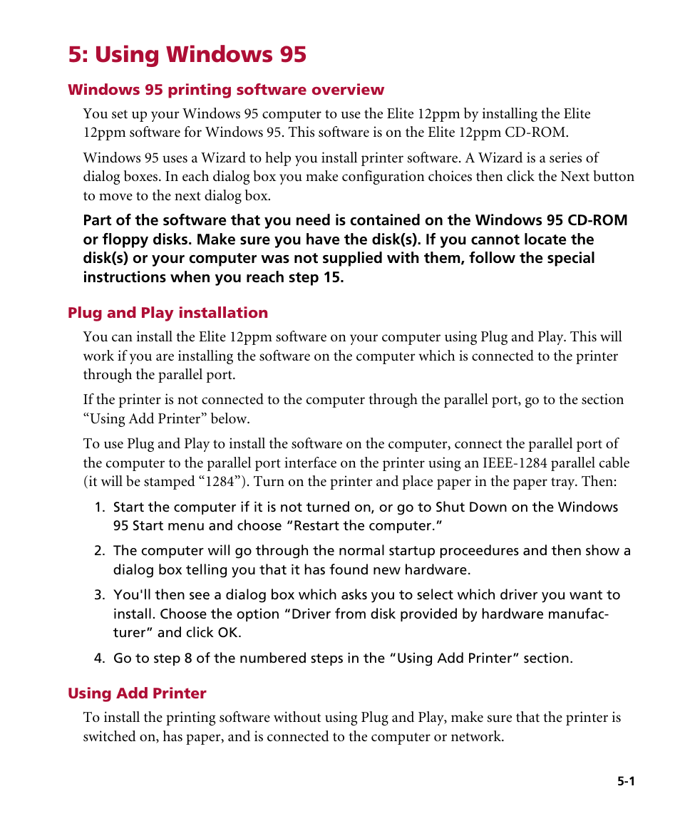 Using windows 95, Windows 95 printing software overview, Plug and play installation | Using add printer | GCC Printers Elite 12ppm User Manual | Page 60 / 193