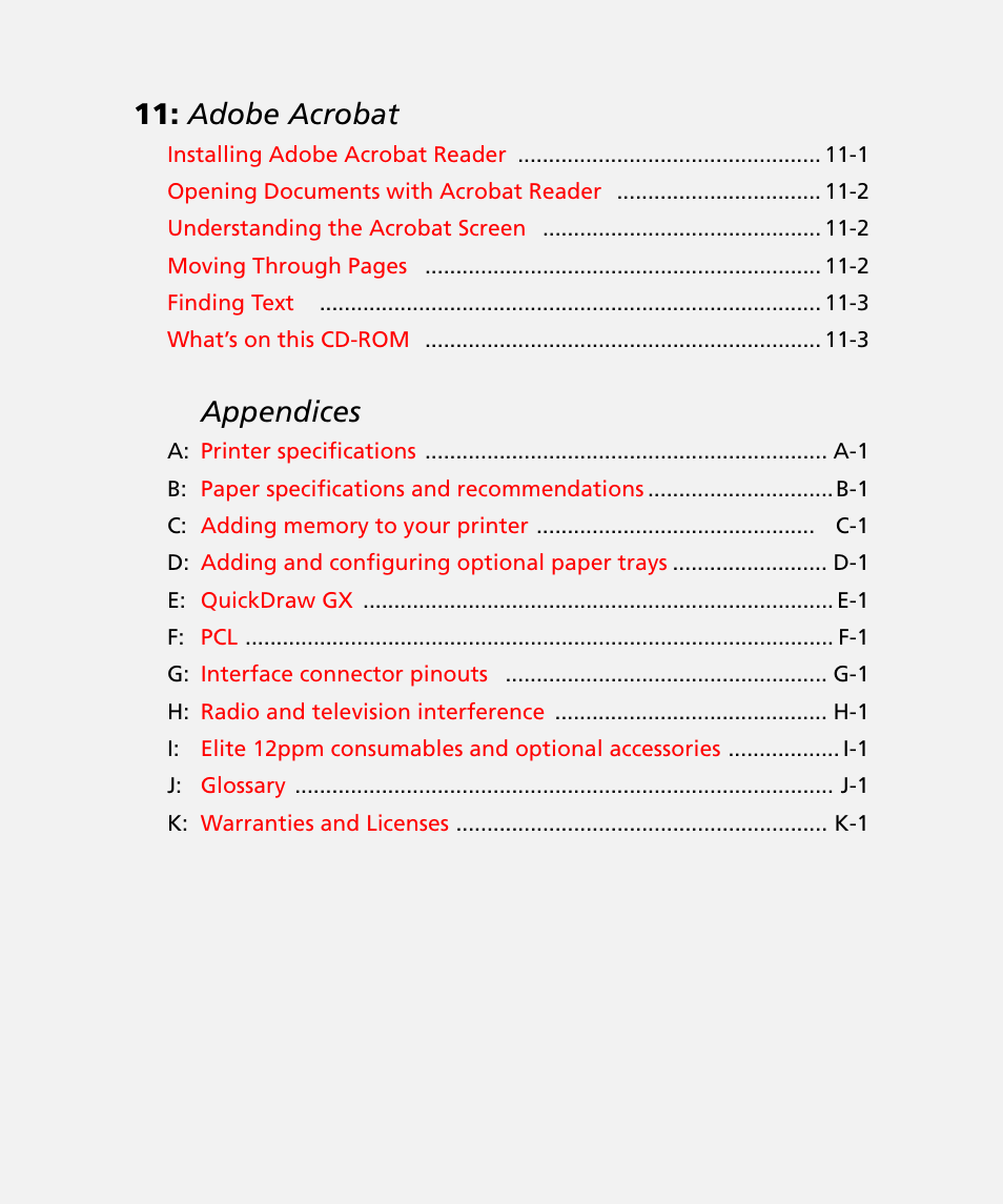 Adobe acrobat, Appendices | GCC Printers Elite 12ppm User Manual | Page 7 / 193