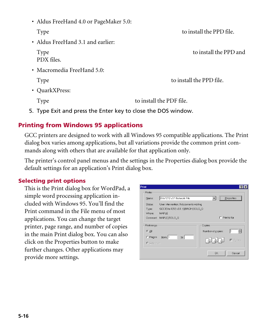 Printing from windows 95 applications, Selecting print options | GCC Printers Elite 12ppm User Manual | Page 75 / 193