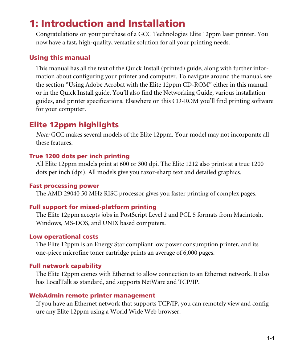 Introduction and installation, Using this manual, Elite 12ppm highlights | True 1200 dots per inch printing, Fast processing power, Full support for mixed-platform printing, Low operational costs, Full network capability, Webadmin remote printer management | GCC Printers Elite 12ppm User Manual | Page 8 / 193