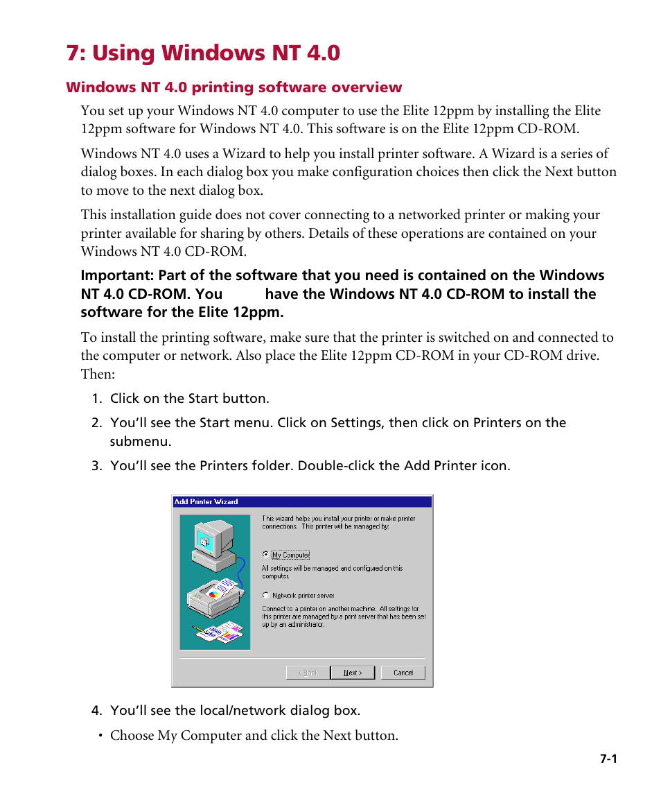 Using windows nt 4.0, Windows nt 4.0 printing software overview | GCC Printers Elite 12ppm User Manual | Page 84 / 193