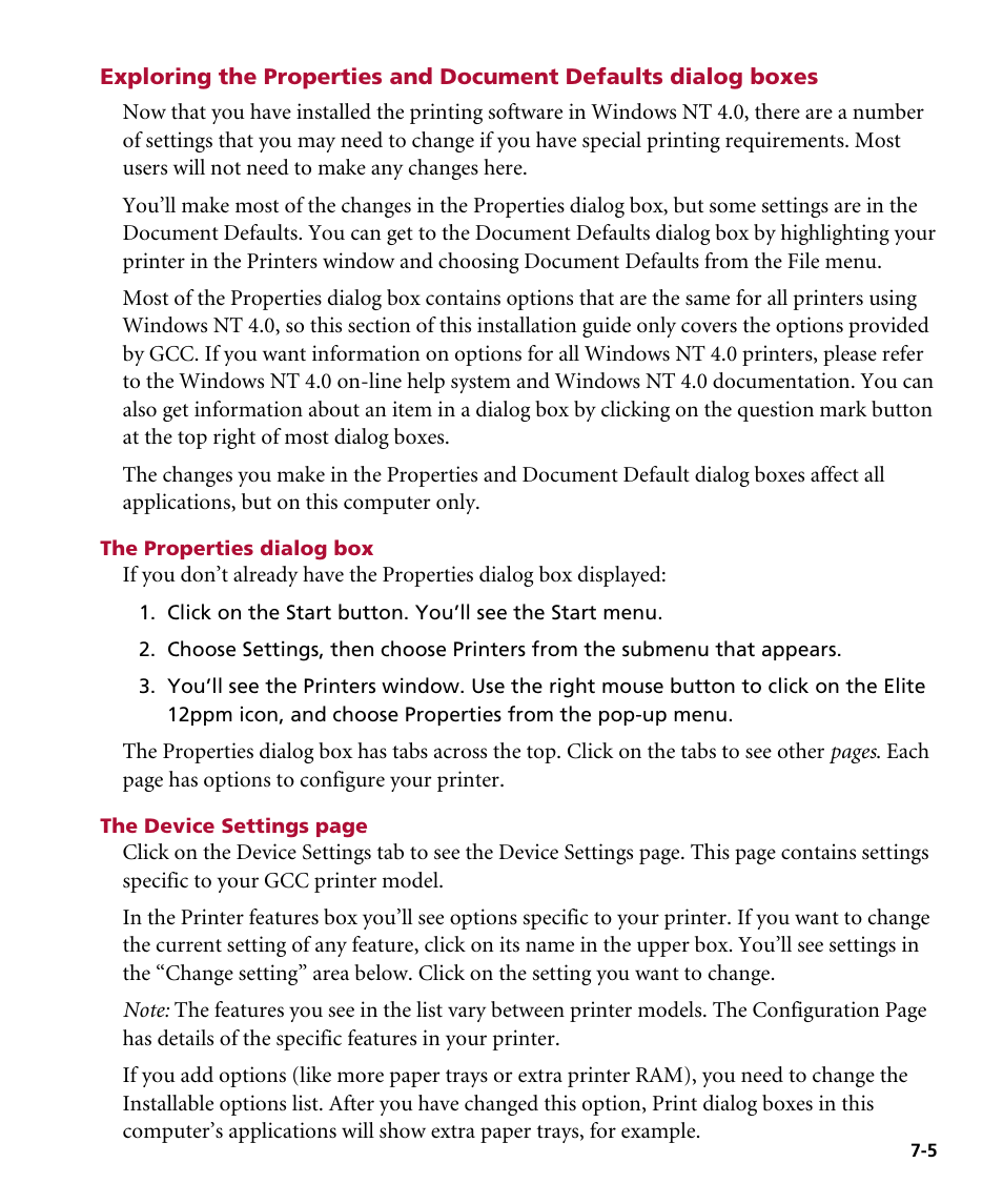 Exploring the properties and document dialog boxes, The properties dialog box | GCC Printers Elite 12ppm User Manual | Page 88 / 193