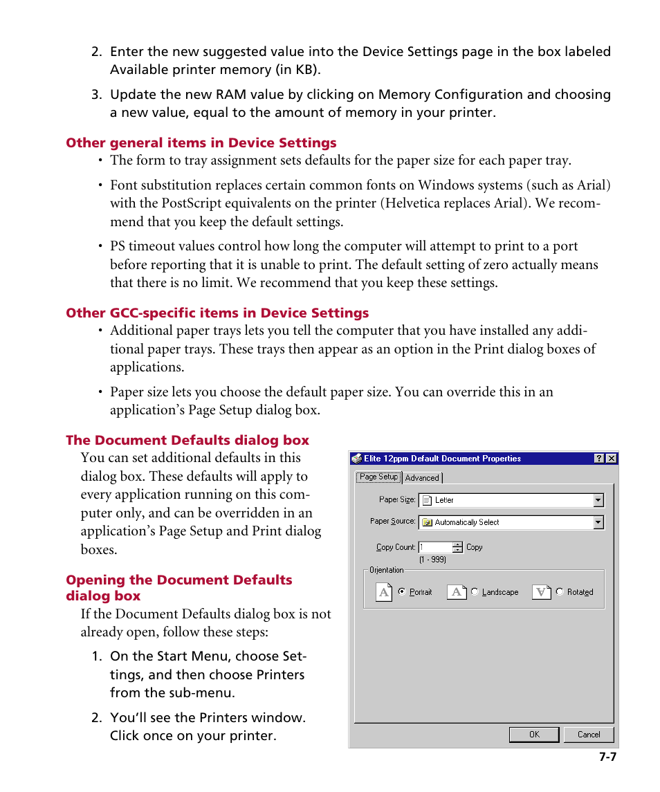 Other general items in device settings, Other gcc-specific items in device settings, The document defaults dialog box | Opening the document defaults dialog box, Other general items in the device settings, Other gcc-specific items in the device settings | GCC Printers Elite 12ppm User Manual | Page 90 / 193