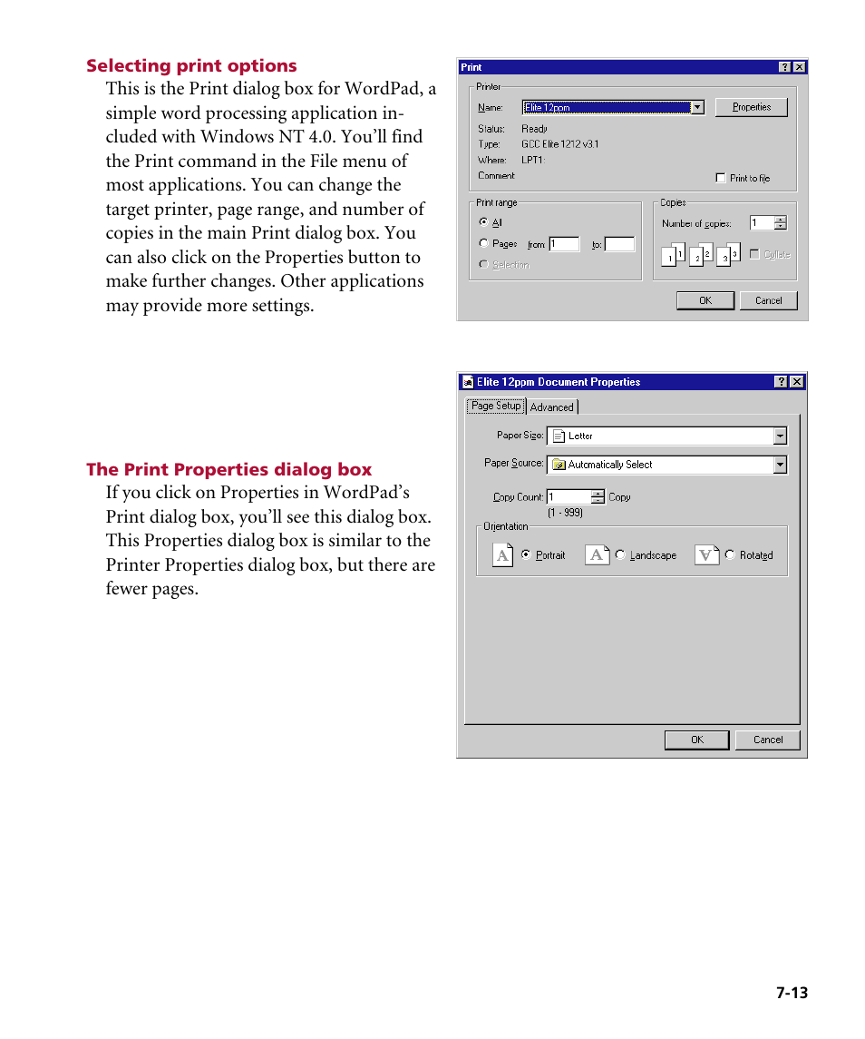 Selecting print options, The print properties dialog box | GCC Printers Elite 12ppm User Manual | Page 96 / 193