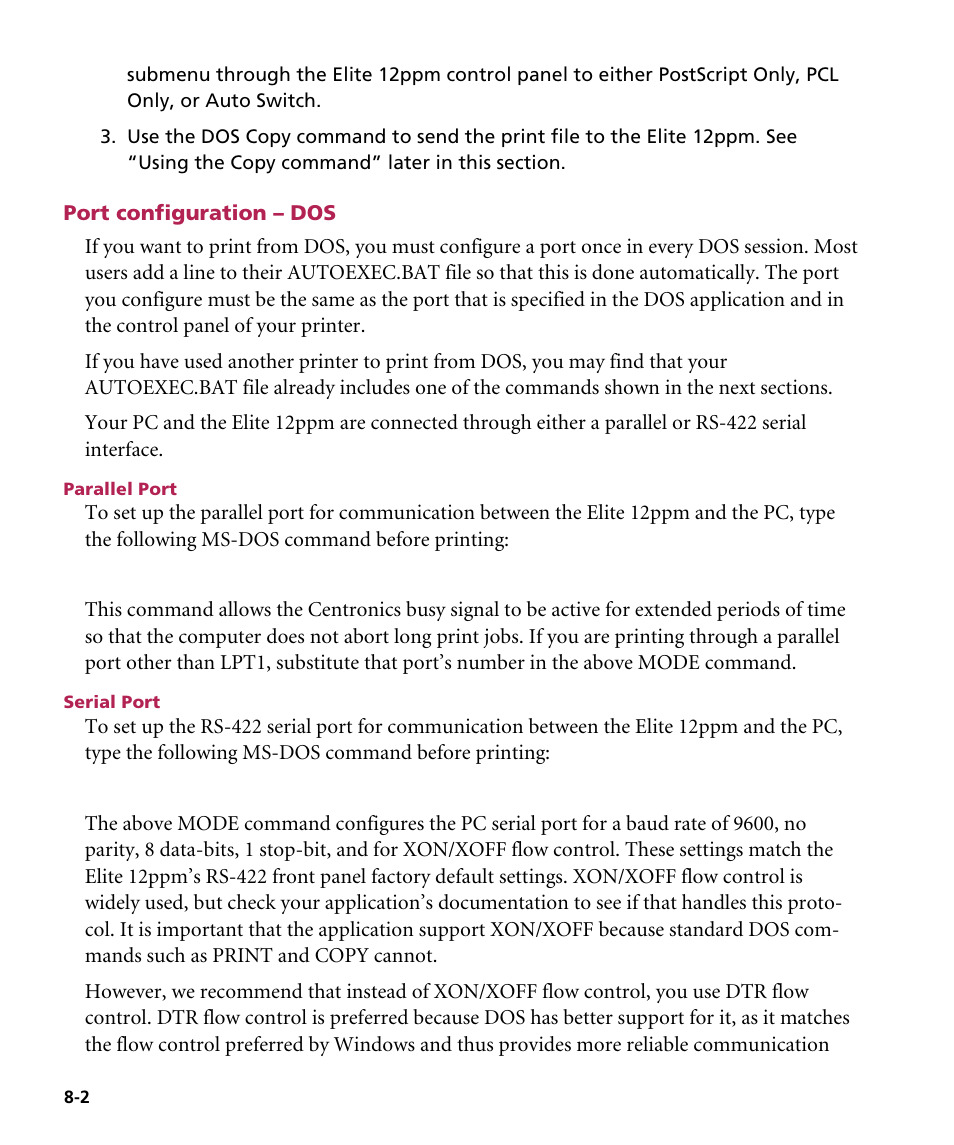 Port configuration - dos, Parallel port, Serial port | Port configuration – dos | GCC Printers Elite 12ppm User Manual | Page 98 / 193