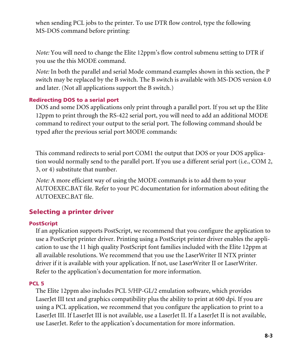 Redirecting dos to a serial port, Selecting a printer driver, Postscript | Pcl 5 | GCC Printers Elite 12ppm User Manual | Page 99 / 193