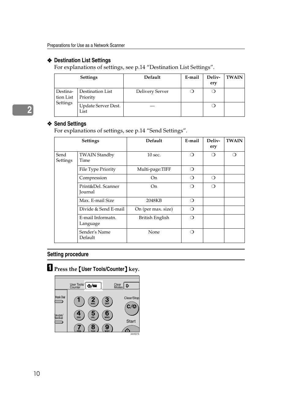 Setting procedure, Destination list settings, Send settings | Press the {{{{ user tools/counter }}}} key | GCC Printers 2018 User Manual | Page 16 / 88