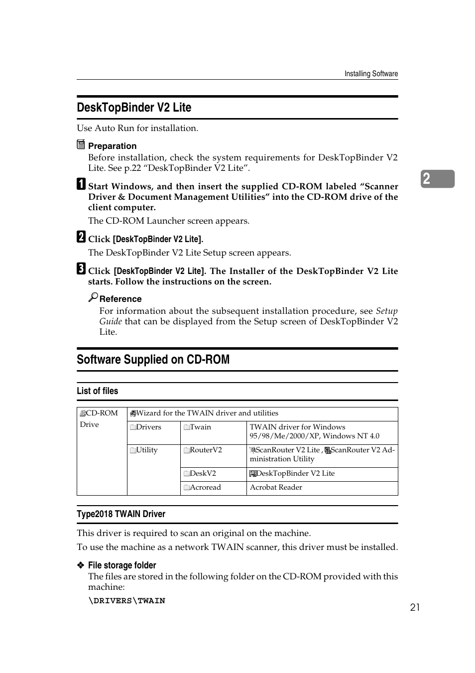 Desktopbinder v2 lite, Software supplied on cd-rom, List of files | Type2018 twain driver, Desktopbinder v2 lite software supplied on cd-rom | GCC Printers 2018 User Manual | Page 27 / 88