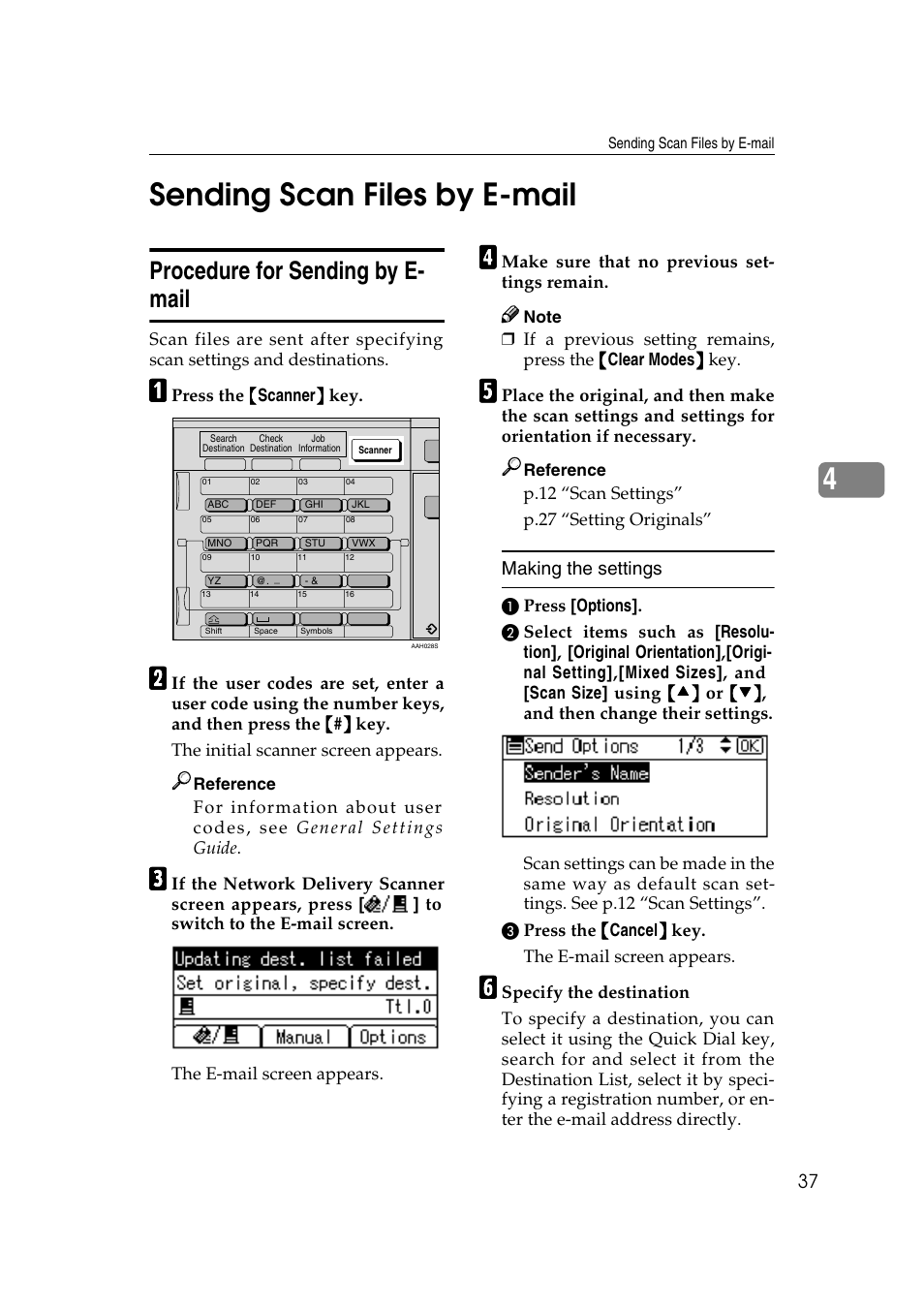 Sending scan files by e-mail, Procedure for sending by e- mail, Procedure for sending by e-mail | P.37 “procedure for sending by e-mail, 4sending scan files by e-mail, Making the settings | GCC Printers 2018 User Manual | Page 43 / 88