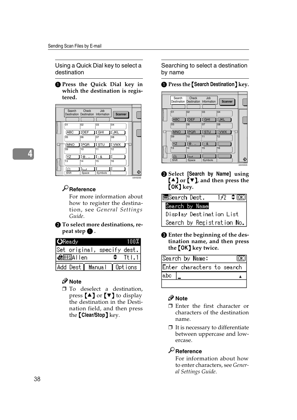 Using a quick dial key to select a destination, Searching to select a destination by name, Reference | GCC Printers 2018 User Manual | Page 44 / 88