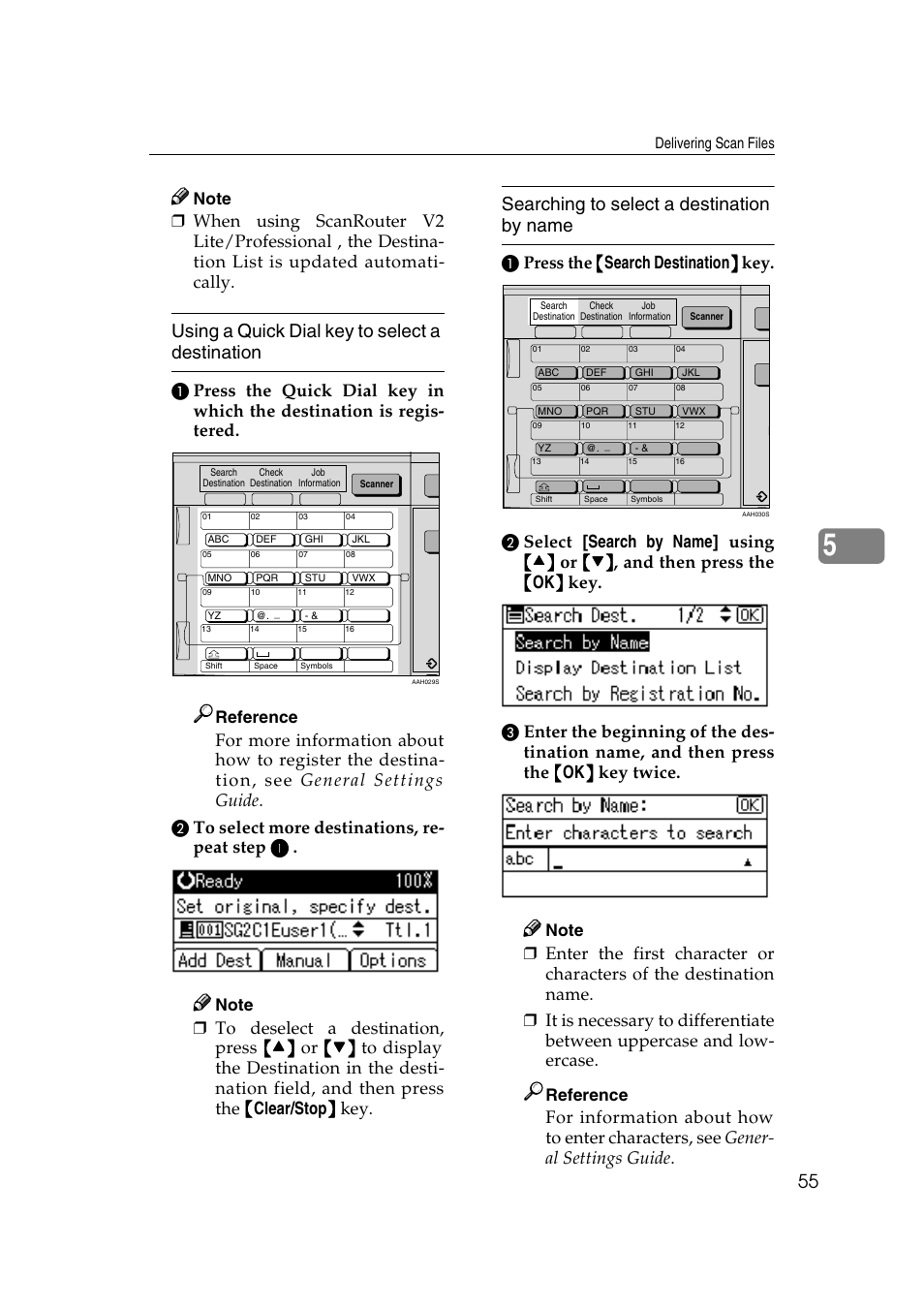 Using a quick dial key to select a destination, Searching to select a destination by name, Reference | GCC Printers 2018 User Manual | Page 61 / 88