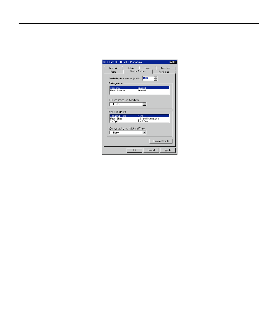 The device options panel, Exploring the properties dialog box | GCC Printers Elite XL User Manual | Page 106 / 199