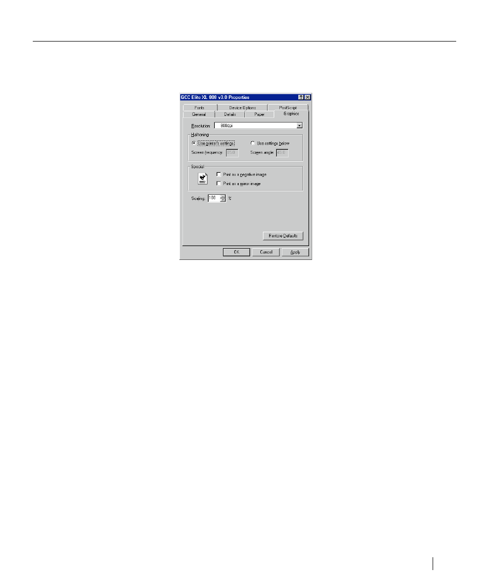 The graphics panel, Exploring the properties dialog box | GCC Printers Elite XL User Manual | Page 110 / 199