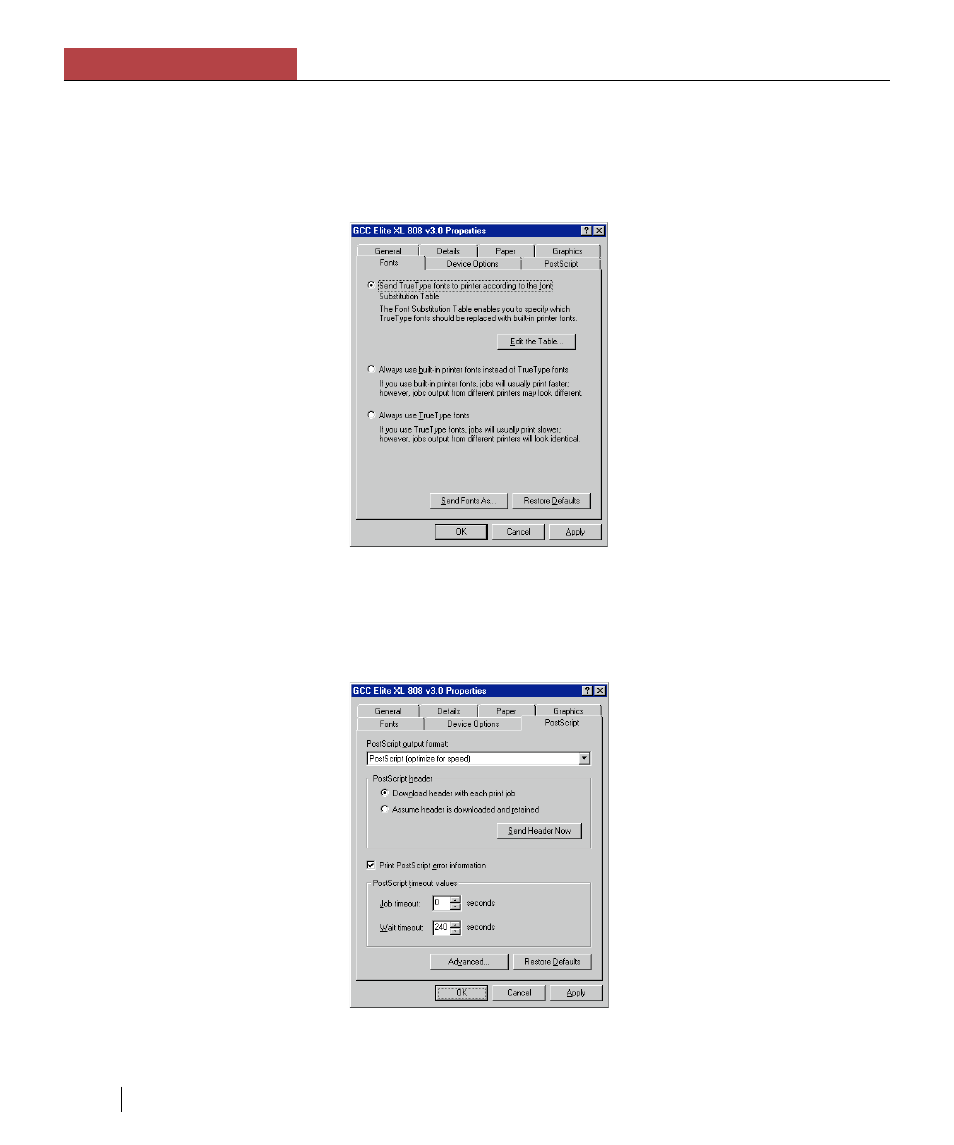 The fonts panel, The postscript panel, Chapter 4 using the elite xl with windows and dos | GCC Printers Elite XL User Manual | Page 111 / 199