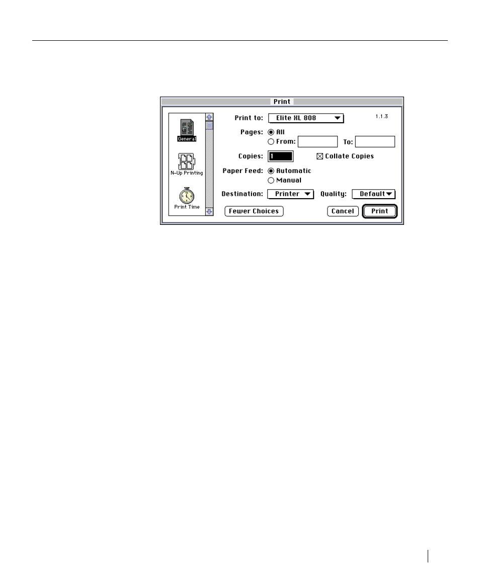 The general print panel, Quickdraw gx print dialog box | GCC Printers Elite XL User Manual | Page 129 / 199