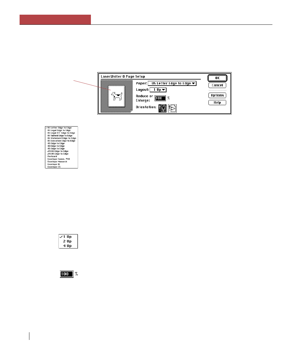 Paper, Edge-to-edge printing, Layout | Reduce or enlarge, Chapter 3 using the elite xl with a macintosh, Selecting page setup options | GCC Printers Elite XL User Manual | Page 62 / 199