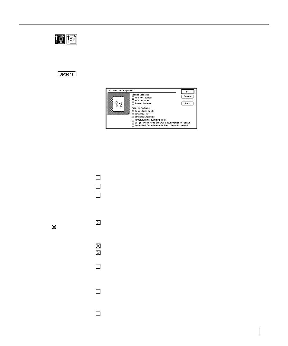 Orientation, Options, Selecting page setup options (laserwriter 8) | GCC Printers Elite XL User Manual | Page 63 / 199