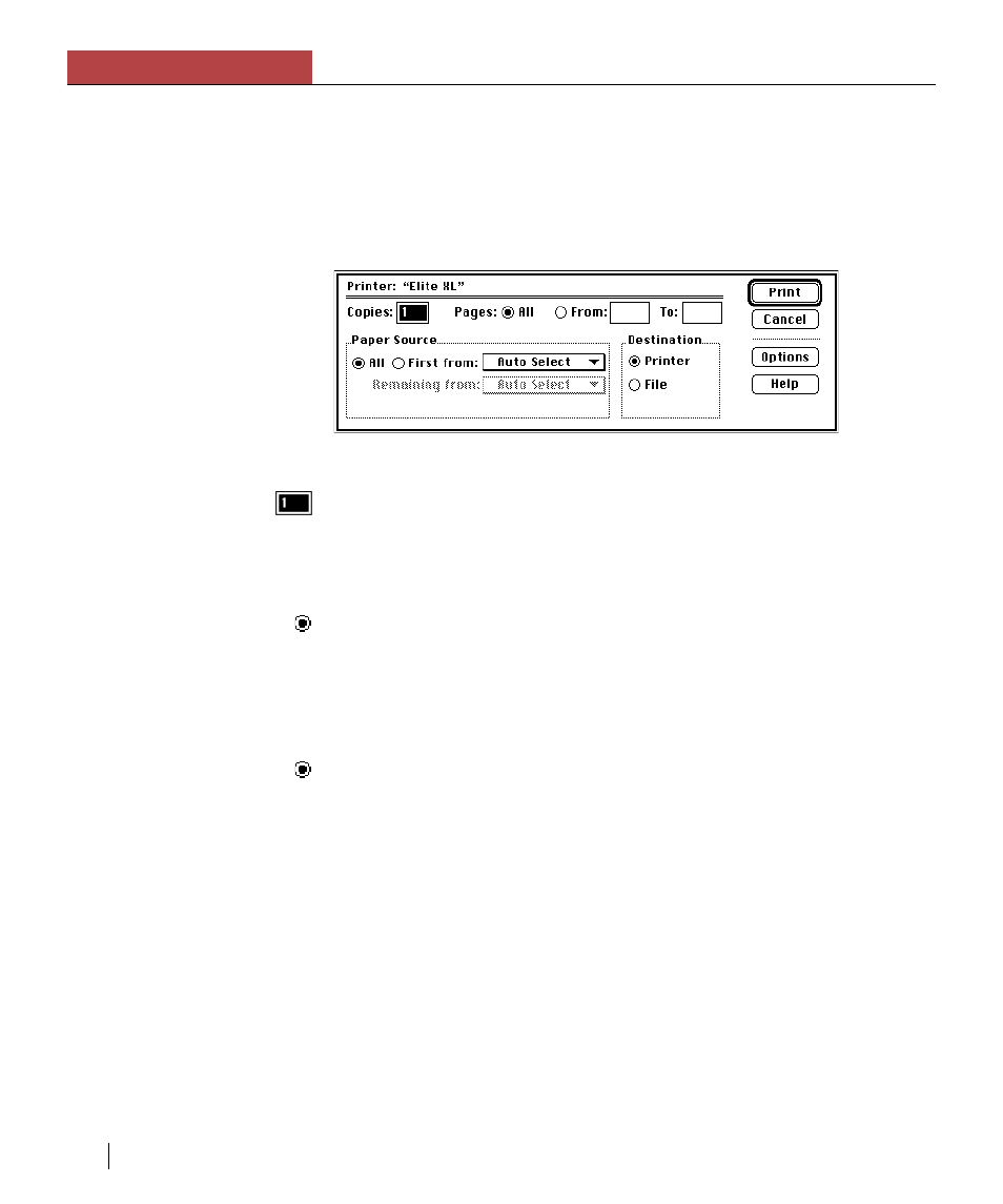 Selecting print options, Copies, Paper source | Selecting print options (laserwriter 8), Chapter 3 using the elite xl with a macintosh | GCC Printers Elite XL User Manual | Page 64 / 199