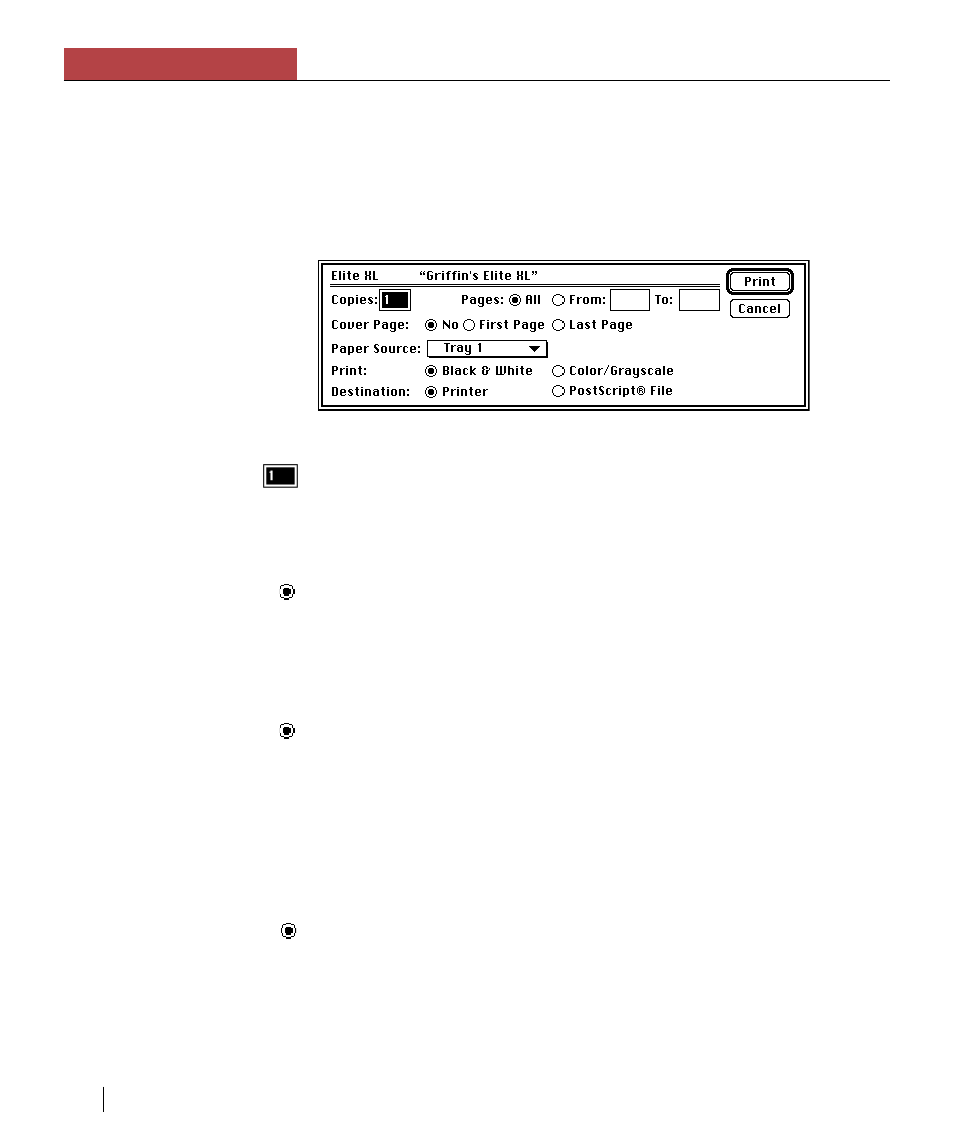 Selecting print options (elite xl driver), Copies, Print | Chapter 3 using the elite xl with a macintosh | GCC Printers Elite XL User Manual | Page 74 / 199