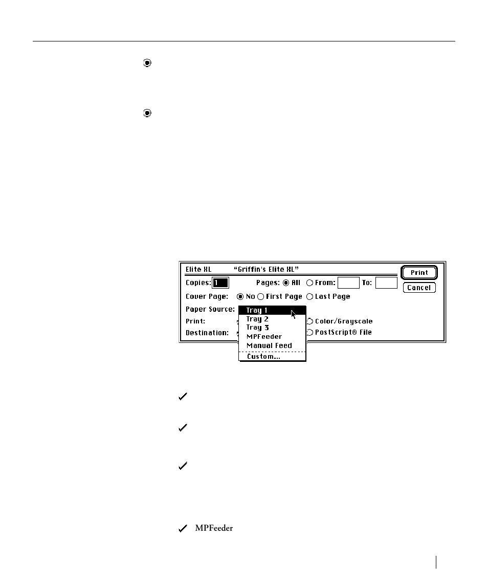 Destination, Paper source, Selecting print options (elite xl driver) | GCC Printers Elite XL User Manual | Page 75 / 199