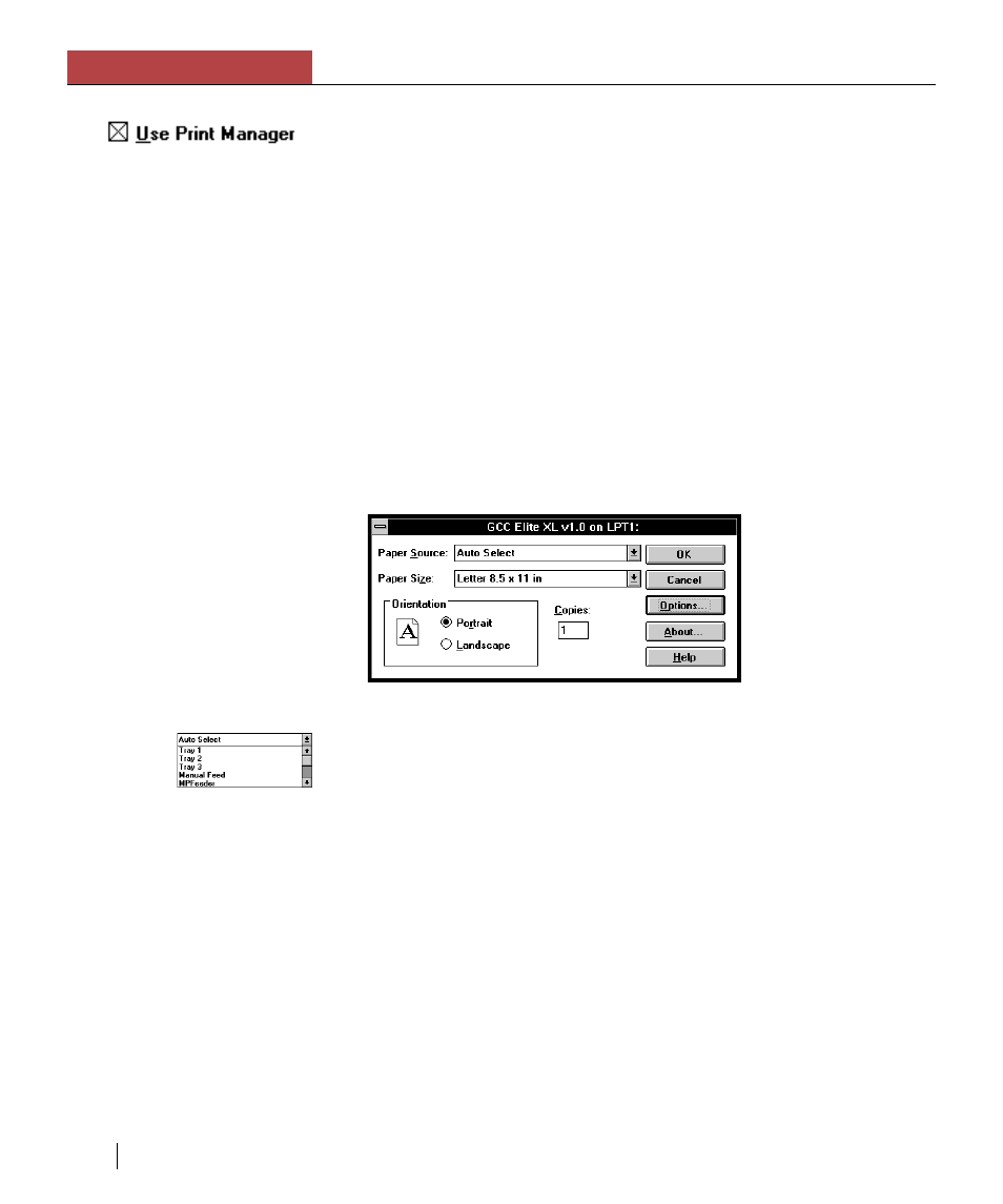 Setting windows 3.1 printing options, Paper source, Chapter 4 using the elite xl with windows and dos | GCC Printers Elite XL User Manual | Page 83 / 199