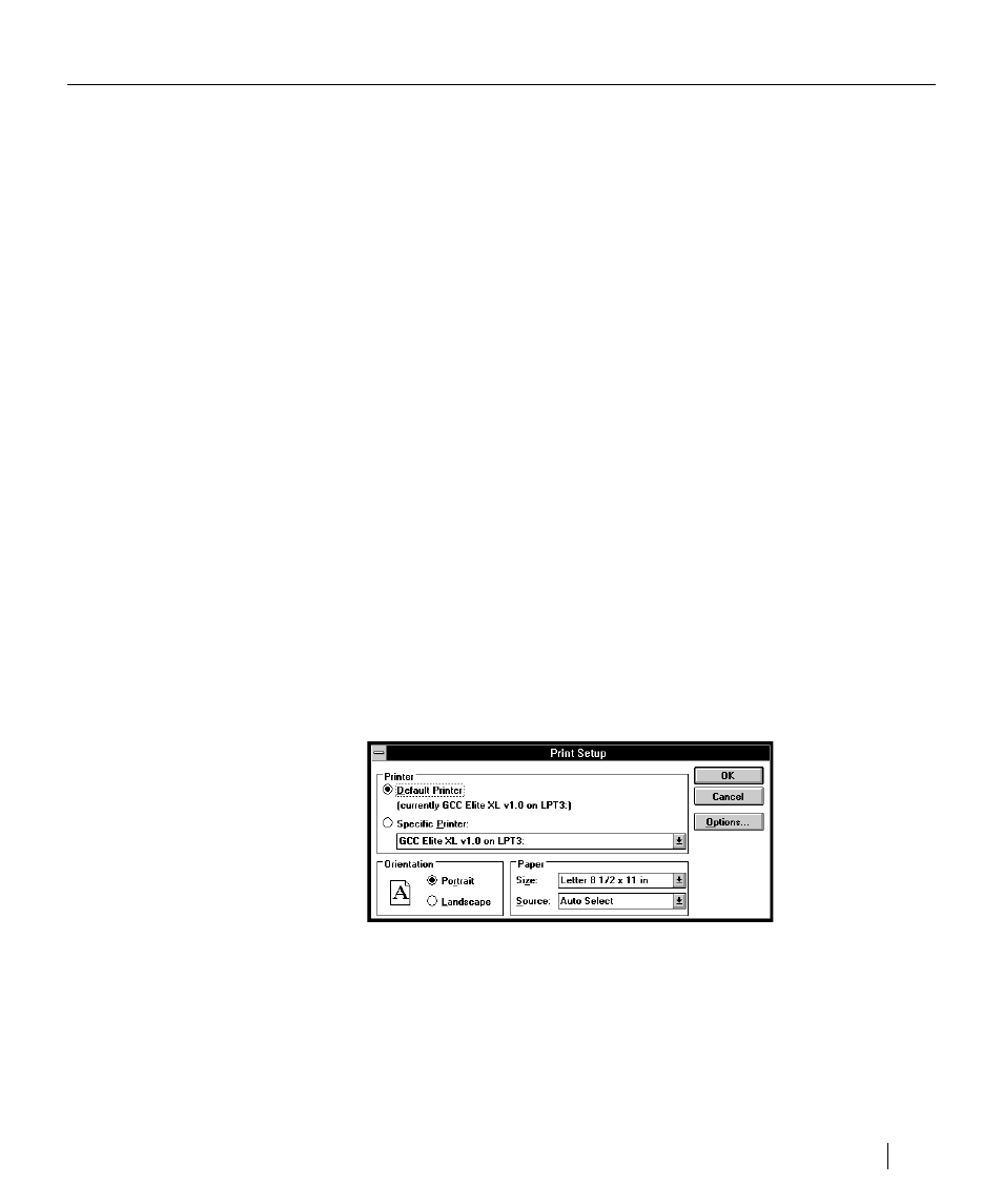Printing from windows 3.1 applications, Selecting print setup options, Printing from windows applications | GCC Printers Elite XL User Manual | Page 90 / 199