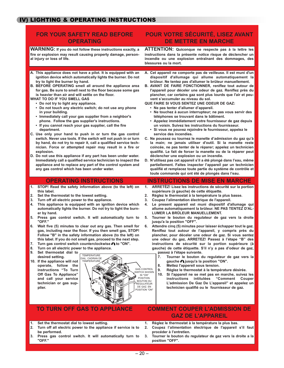 Iv) lighting & operating instructions, Warning, Attention | GSW 5065 User Manual | Page 20 / 29