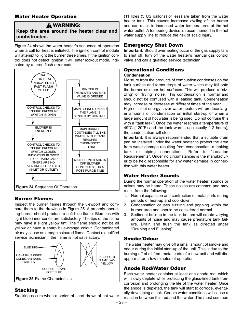 Water heater operation, Burner flames, Stacking | Emergency shut down, Operational conditions, Water heater sounds, Smoke/odour, Anode rod/water odour | GSW 5065 User Manual | Page 23 / 29