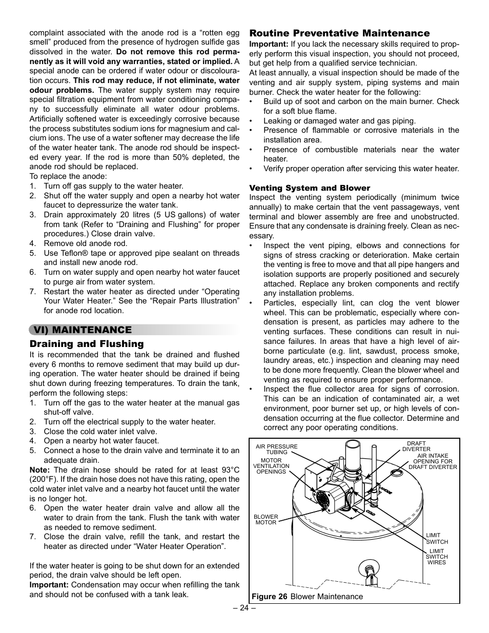 Draining and flushing, Routine preventative maintenance, Vi) maintenance | GSW 5065 User Manual | Page 24 / 29