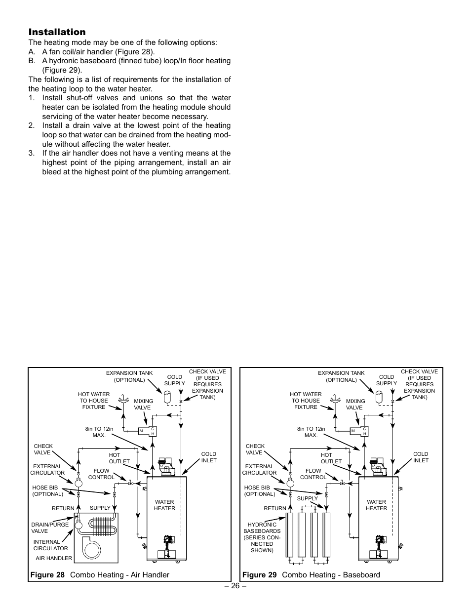 Installation, Figure 28 combo heating - air handler, Figure 29 combo heating - baseboard – 26 | GSW 5065 User Manual | Page 26 / 29