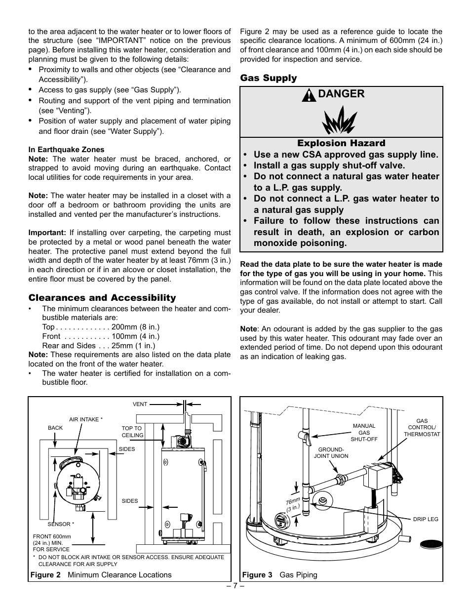 Danger, Clearances and accessibility, Gas supply | GSW 5065 User Manual | Page 7 / 29