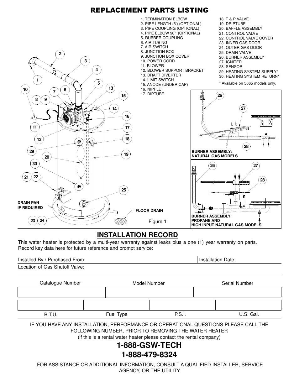 Replacement parts listing, Installation record | GSW Gas Fired Water Heater User Manual | Page 2 / 20