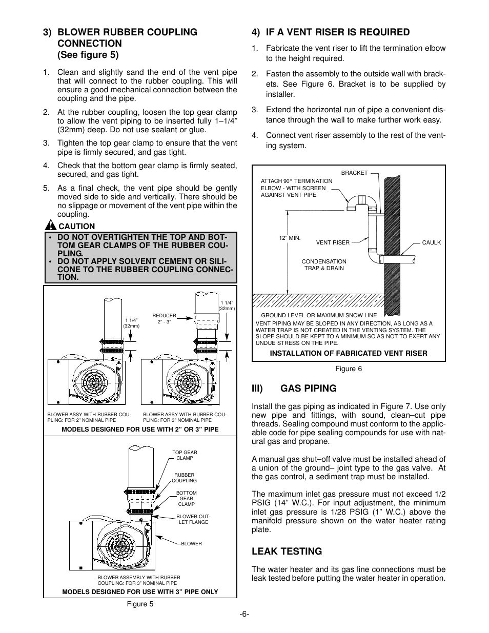 4) if a vent riser is required, Iii) gas piping, Leak testing | GSW Gas Fired Water Heater User Manual | Page 8 / 20