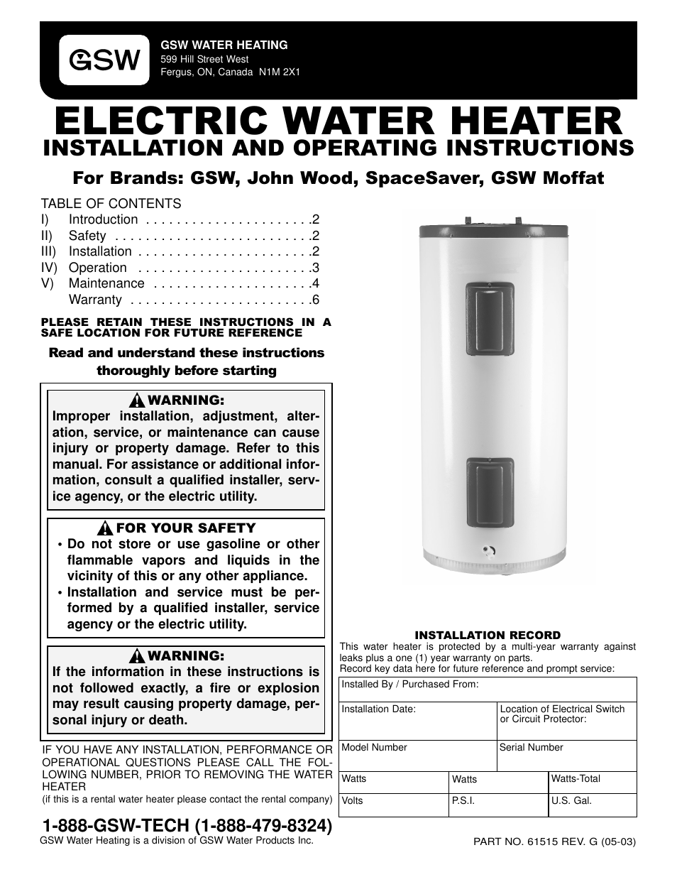 GSW Electric Water Heater P/N 61515 REV. G (05-03) User Manual | 6 pages