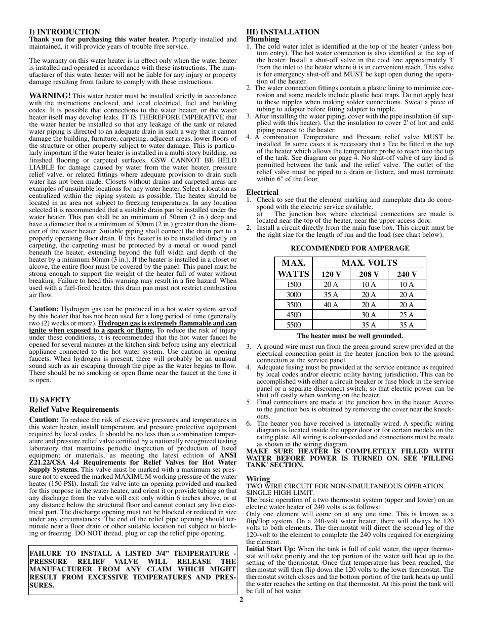 GSW Electric Water Heater P/N 61515 REV. G (05-03) User Manual | Page 2 / 6