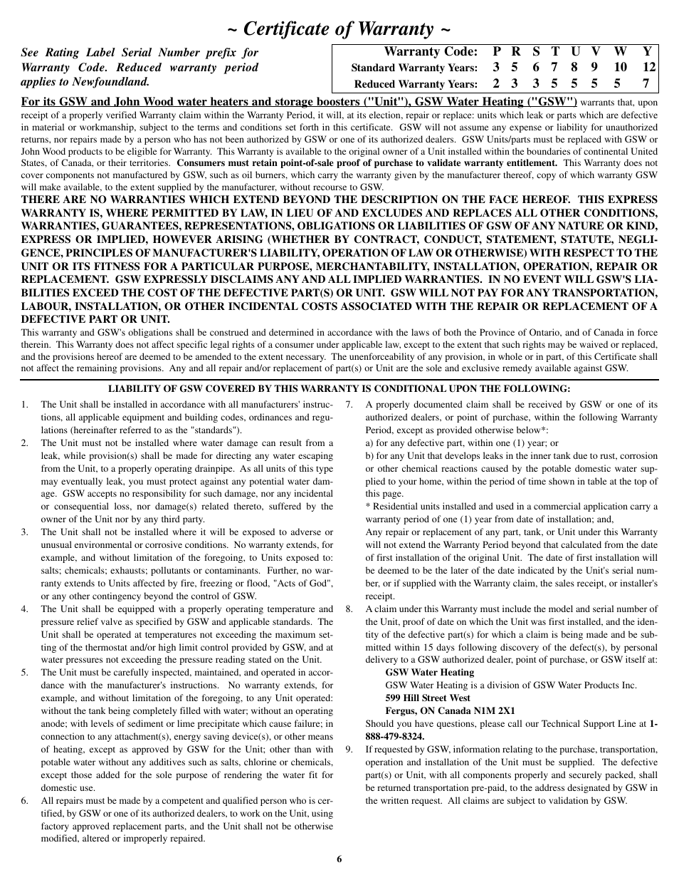 Certificate of warranty | GSW Electric Water Heater P/N 61515 REV. G (05-03) User Manual | Page 6 / 6