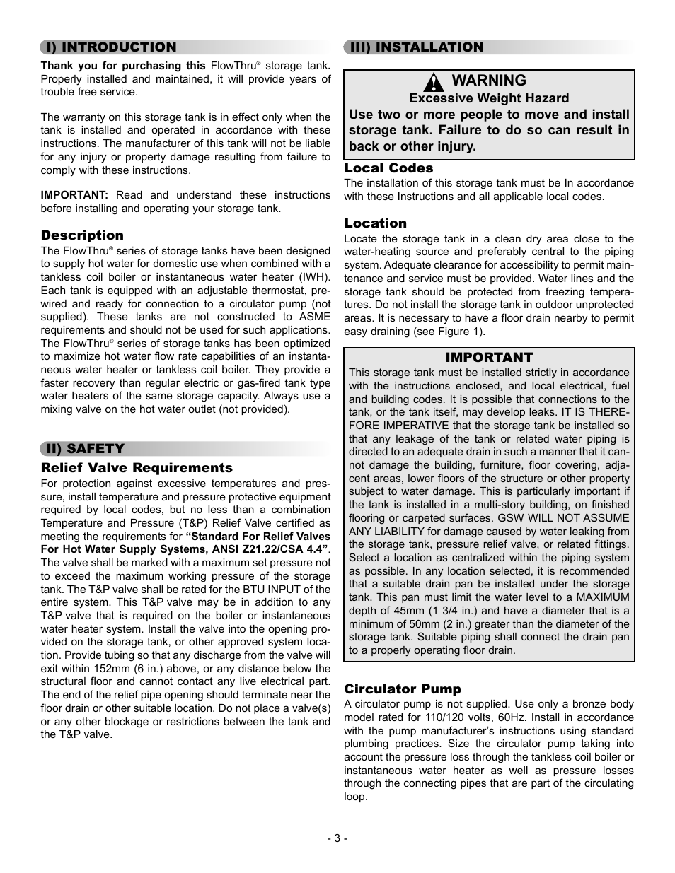 Warning | GSW FlowThru User Manual | Page 3 / 8