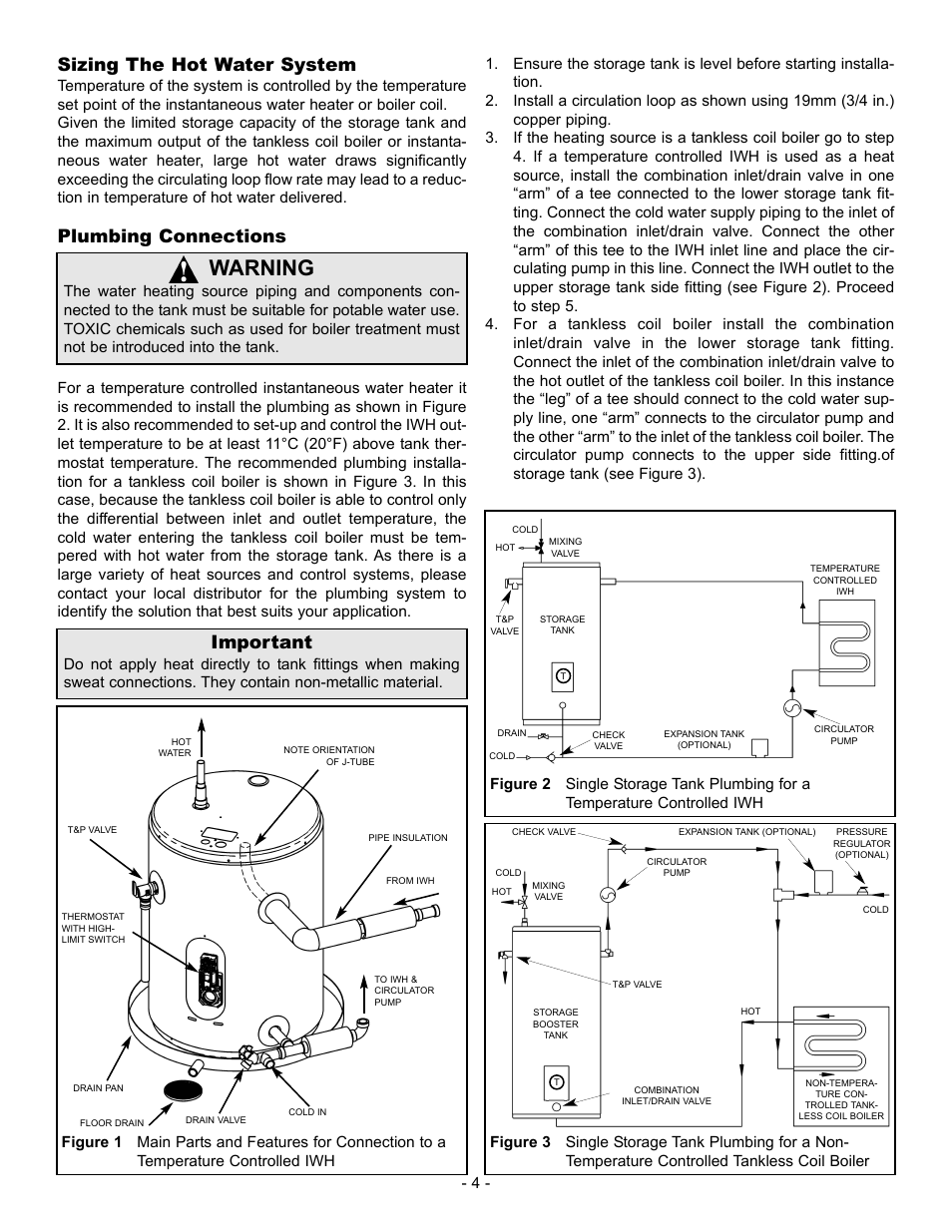 Warning, Sizing the hot water system, Plumbing connections | Important | GSW FlowThru User Manual | Page 4 / 8