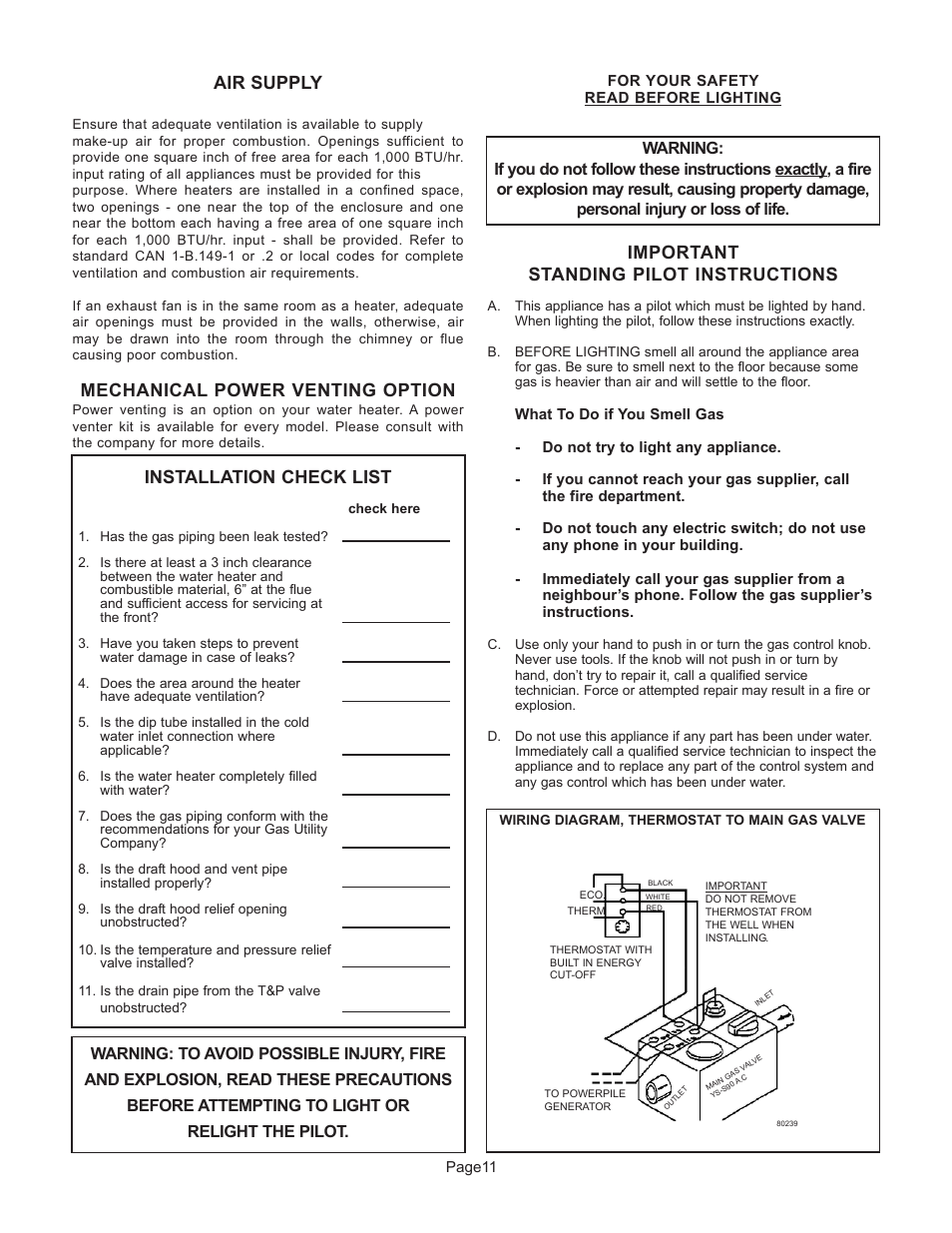 Air supply, Mechanical power venting option, Important standing pilot instructions | Installation check list | GSW G65 User Manual | Page 12 / 24