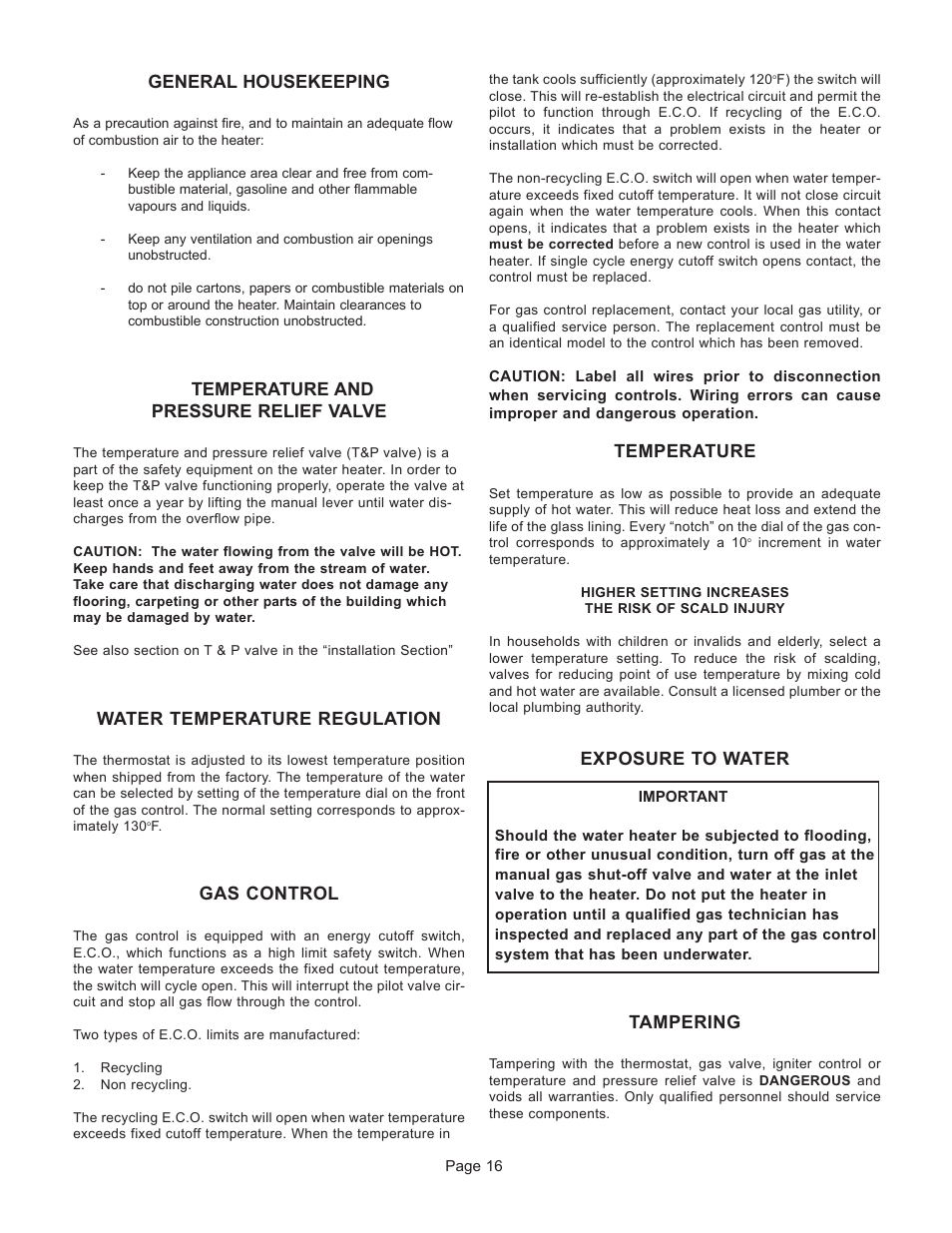 General housekeeping, Temperature and pressure relief valve, Water temperature regulation | Gas control, Temperature, Exposure to water tampering | GSW G65 User Manual | Page 17 / 24