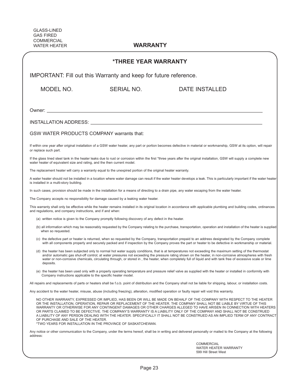 Warranty | GSW G65 User Manual | Page 24 / 24