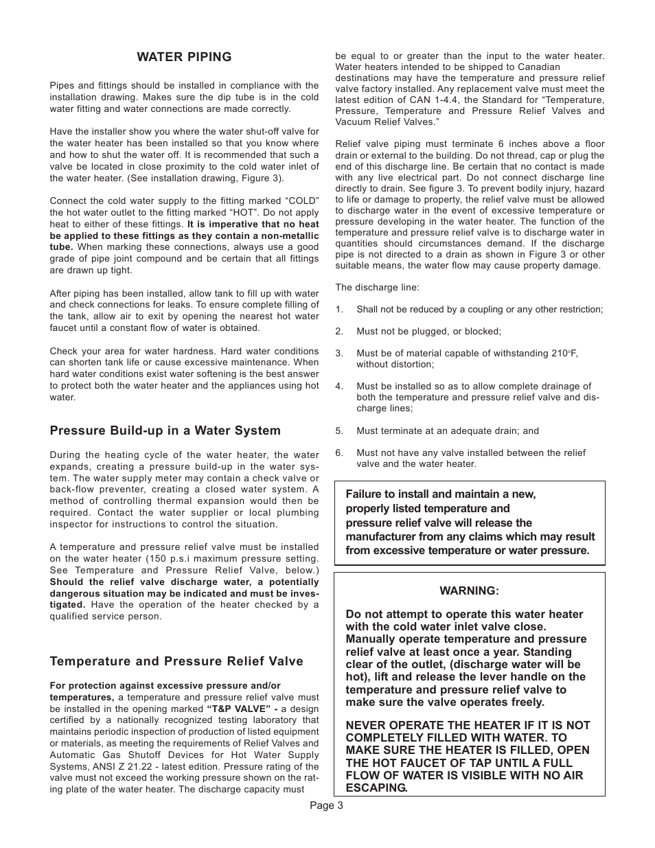 Water piping, Pressure build-up in a water system, Temperature and pressure relief valve | GSW G65 User Manual | Page 4 / 24