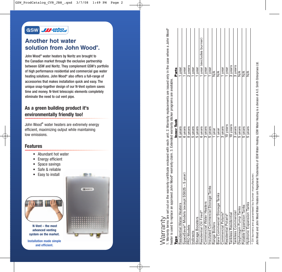 Warranty, Another hot water solution from john wood, Features | GSW Signature Series Electric User Manual | Page 2 / 86