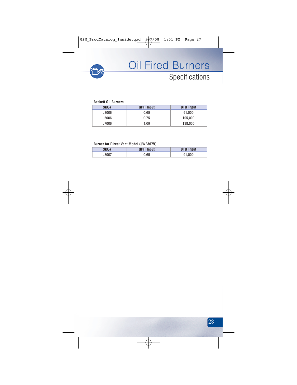 Oil fired burners, Specifications | GSW Signature Series Electric User Manual | Page 29 / 86