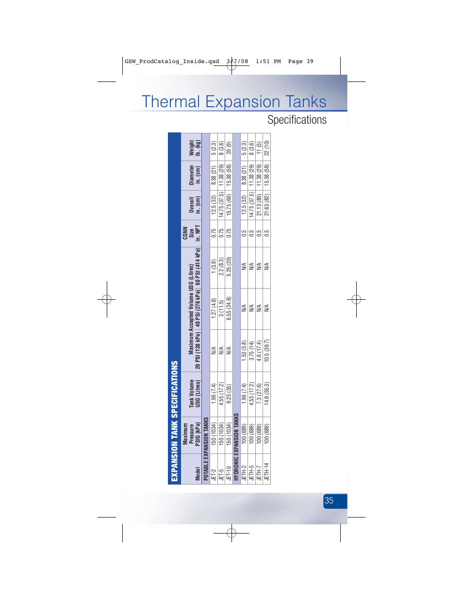 Thermal expansion tanks, Specifications, Exp ansion t ank specifica tions | GSW Signature Series Electric User Manual | Page 41 / 86