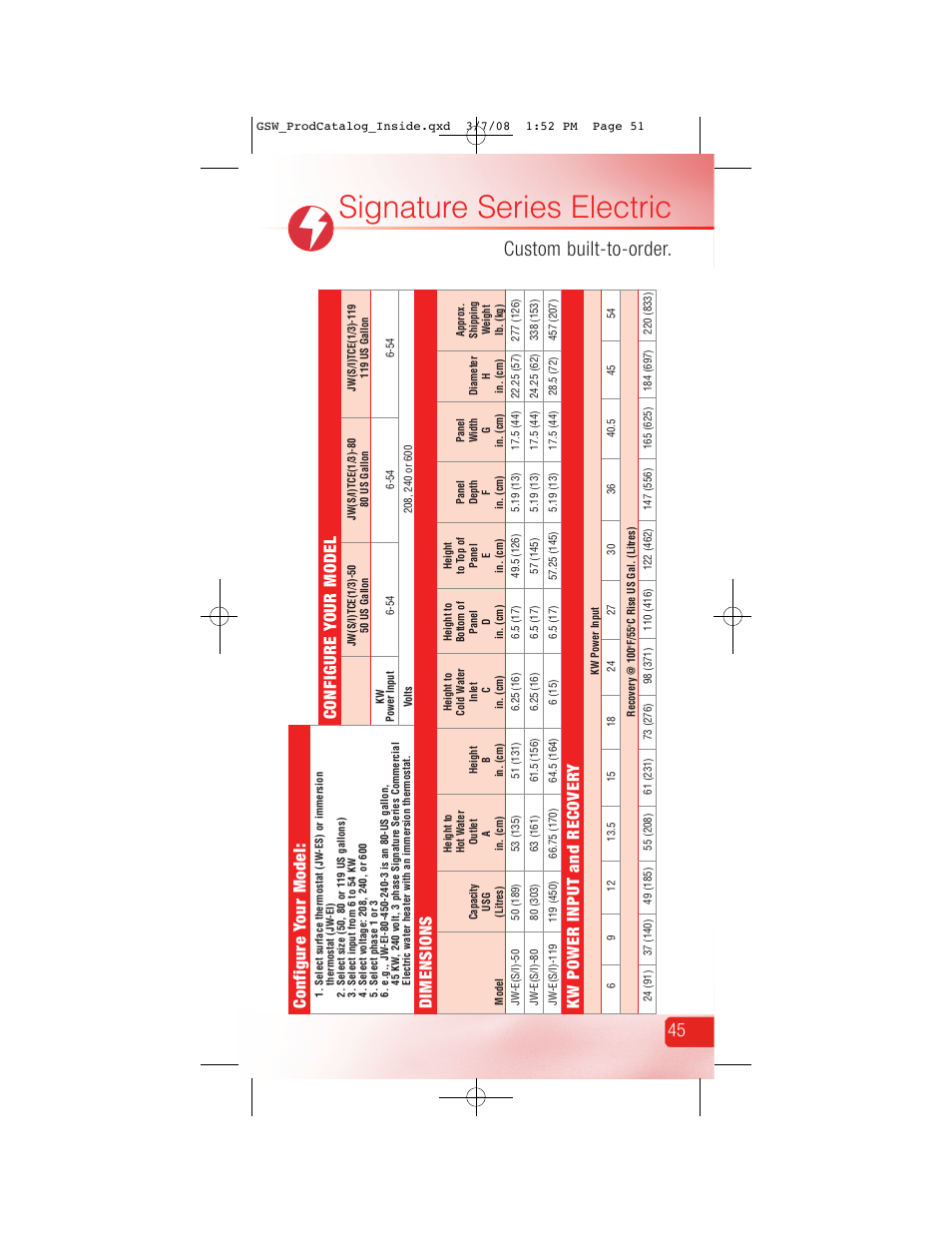 Signature series electric, Na tural gas, Custom built-to-order | Configure y our model, Dimensions, Kw power input and recover y | GSW Signature Series Electric User Manual | Page 53 / 86