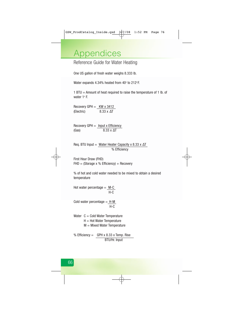 Appendices, Reference guide for water heating | GSW Signature Series Electric User Manual | Page 78 / 86