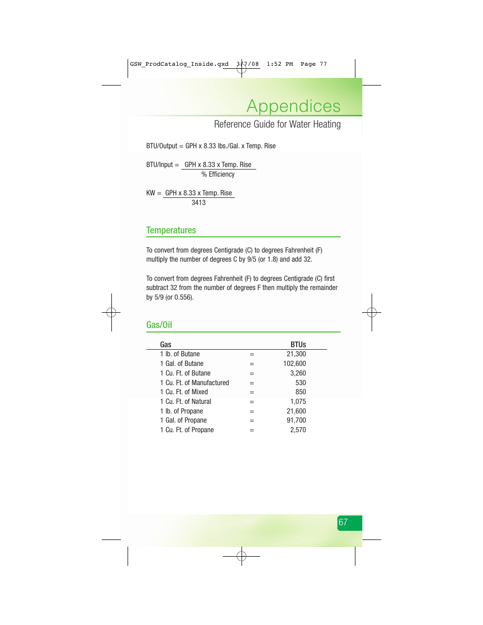 Appendices, Reference guide for water heating | GSW Signature Series Electric User Manual | Page 79 / 86