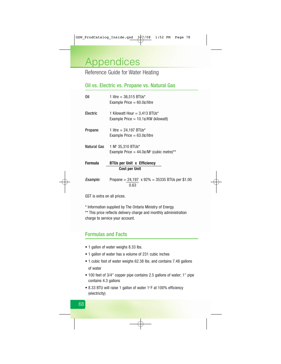 Appendices, Reference guide for water heating, Oil vs. electric vs. propane vs. natural gas | Formulas and facts | GSW Signature Series Electric User Manual | Page 80 / 86