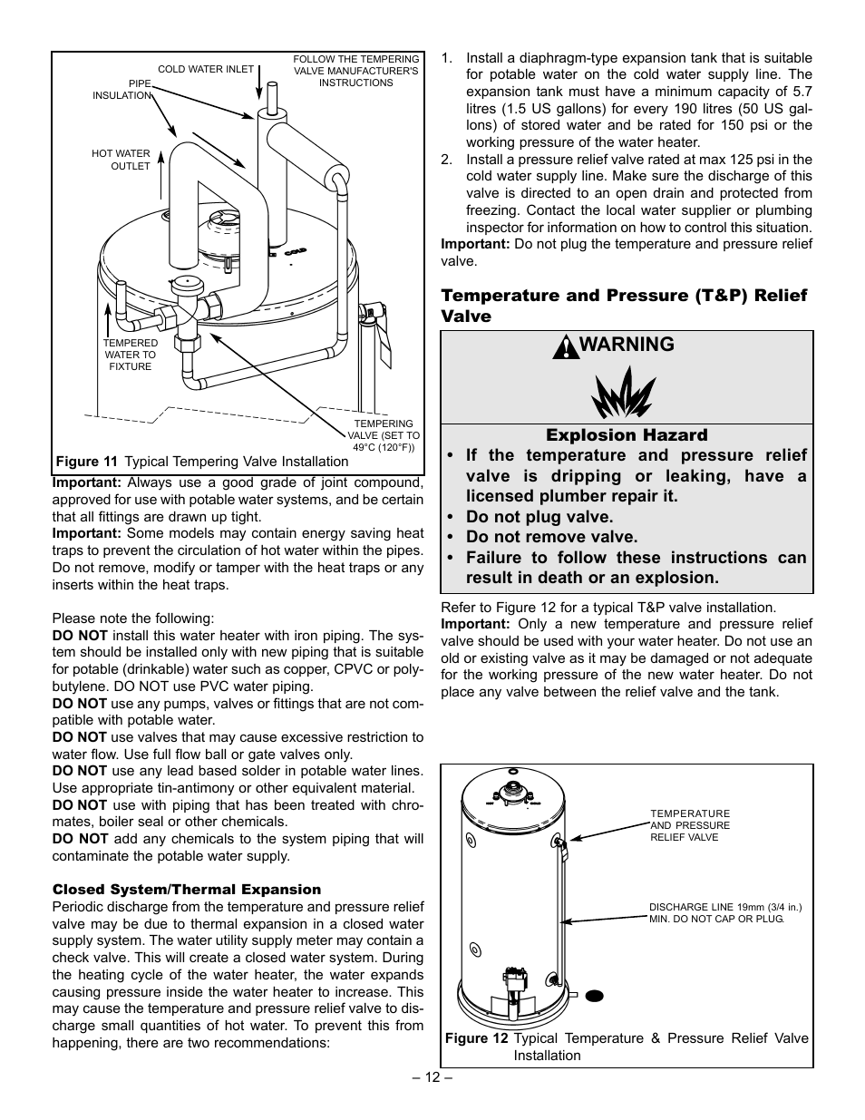 Warning, Temperature and pressure (t&p) relief valve | GSW 72090 User Manual | Page 12 / 26